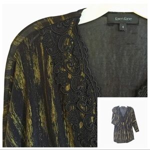 Karen Kane top black/gold knit blouse lace trim